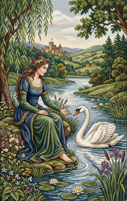 Woman with a swan in a landscape