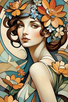 Portrait in the style of Alphonse Mucha with tapestry embroidery