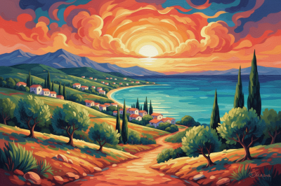 Mediterranean landscape at sunset