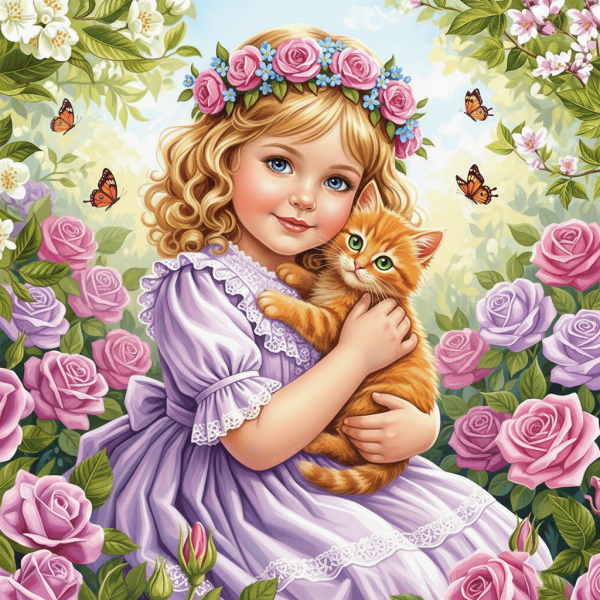 Girl, kitten, rose garden, flowers