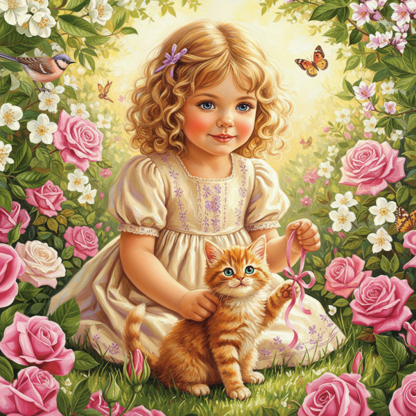 Little girl, kitten, rose garden idyll.