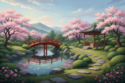 Japanese garden with cherry blossoms