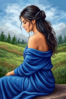 Blue-dressed lady in the meadow