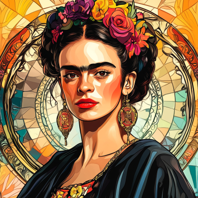 Frida Kahlo portrait in the style of Alphonse Mucha.