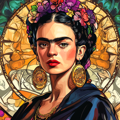Frida Kahlo portrait in the style of Alphonse Mucha.