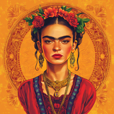 Frida Kahlo portrait in the style of Alphonse Mucha.