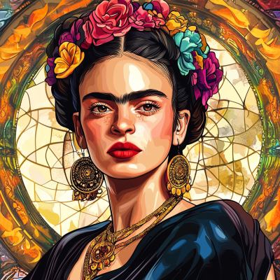 Frida Kahlo portrait in the style of Alphonse Mucha.