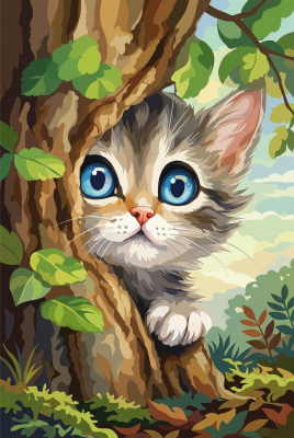 Kitten behind the tree