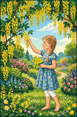Girl with golden rain flowers