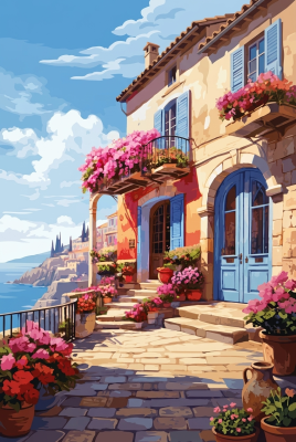 Mediterranean seaside house with flowers