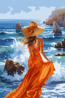 Woman in an orange dress on the beach