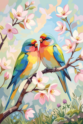 Colorful birds on a flowering branch
