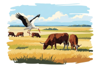 Hungarian landscape with a stork and cattle on a needlepoint tapestry.