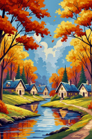 Autumn landscape in a forest village with a tapestry embroidery.