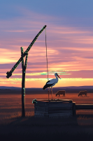 Water Well with a Stork - Evening Scene