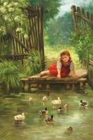 A little girl with ducks by the lakeside