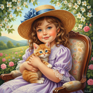 Little girl, kitten, flower garden