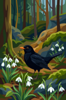 Blackbird with snowdrops in the forest