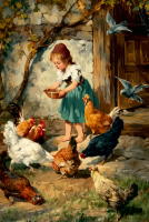 Little Girl in the Poultry Yard - Montemezzo Painting