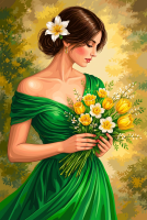Lady in a green dress with a bouquet of yellow flowers.