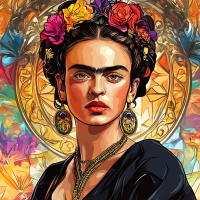 Frida Kahlo portrait in the style of Alphonse Mucha.