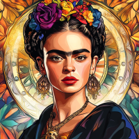 Frida Kahlo portrait in the style of Alphonse Mucha.