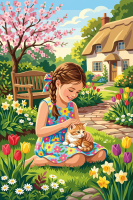 Girl with cat in flower garden