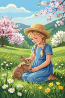Girl with bunny in a spring meadow