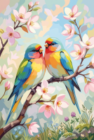 Colorful birds on a flowering branch